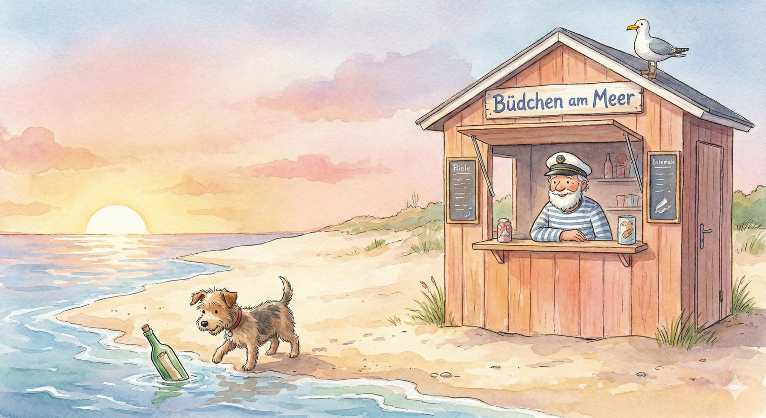 Aquarell Zeichnung Käpt'n Michi im Büdchen am Meer mit Hund Cindy und Möwe Fiete bei Sonnenaufgang