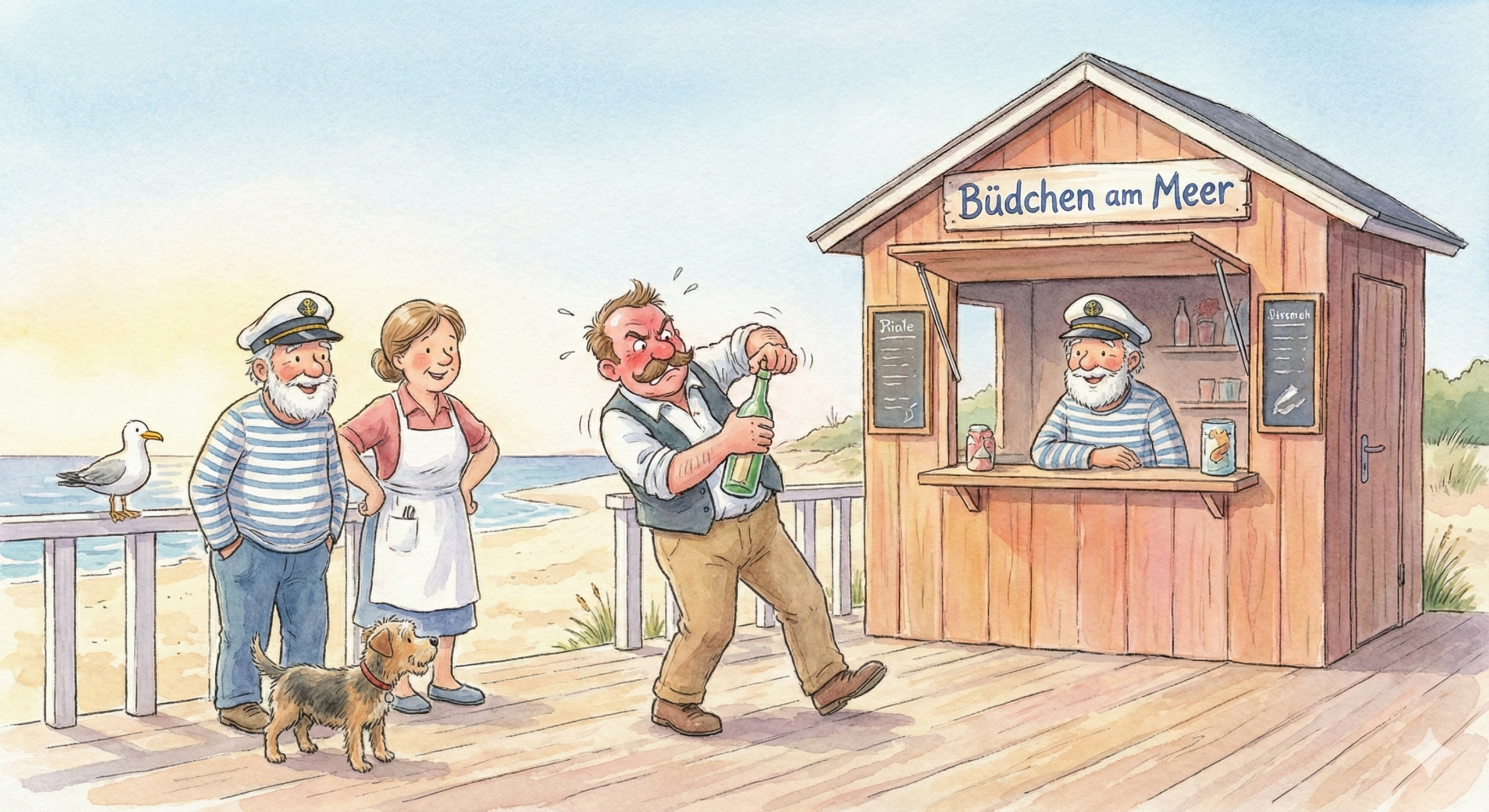 Aquarell Zeichnung Käpt'n Michi im Büdchen am Meer mit Hund Cindy und Möwe Fiete bei Sonnenaufgang