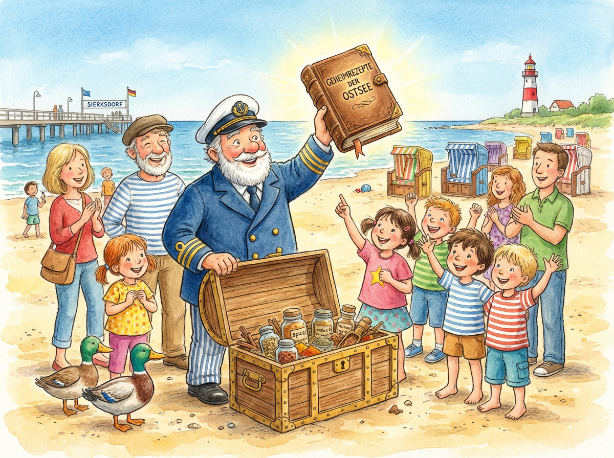 Aquarell Zeichnung Käpt'n Michi im Büdchen am Meer mit Hund Cindy und Möwe Fiete bei Sonnenaufgang