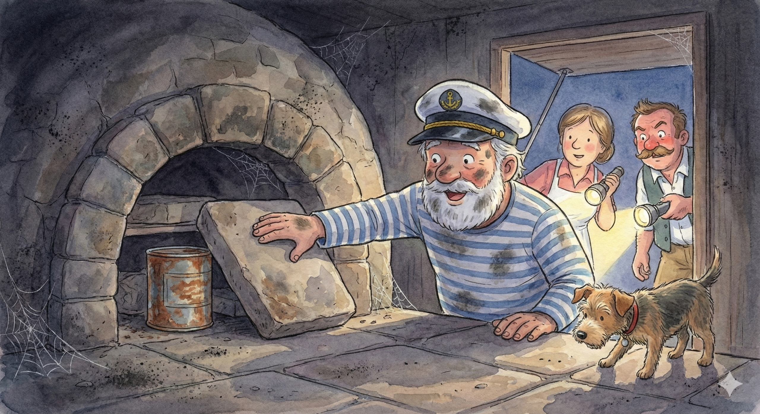 Aquarell Zeichnung Käpt'n Michi im Büdchen am Meer mit Hund Cindy und Möwe Fiete bei Sonnenaufgang