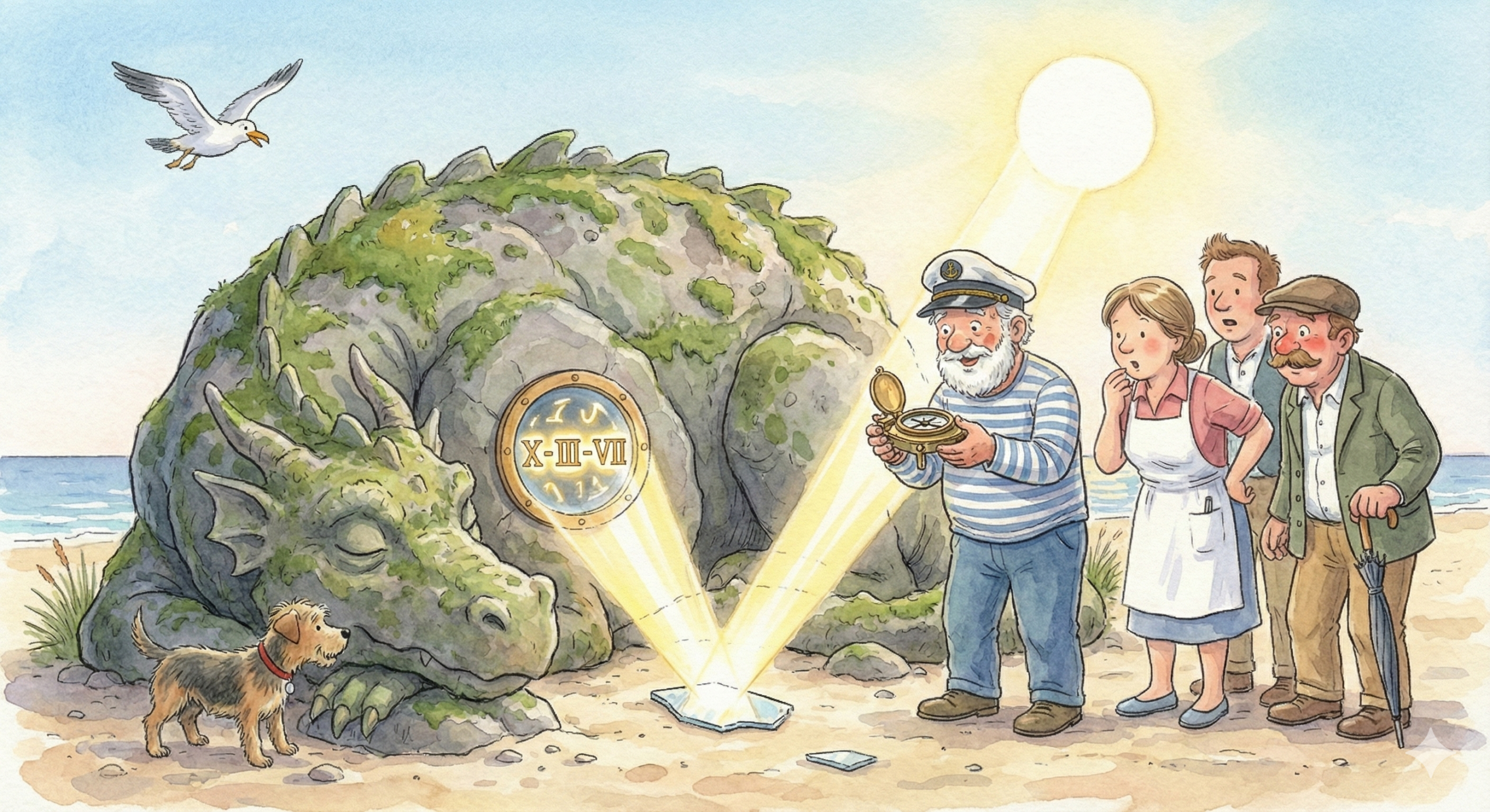 Aquarell Zeichnung Käpt'n Michi im Büdchen am Meer mit Hund Cindy und Möwe Fiete bei Sonnenaufgang