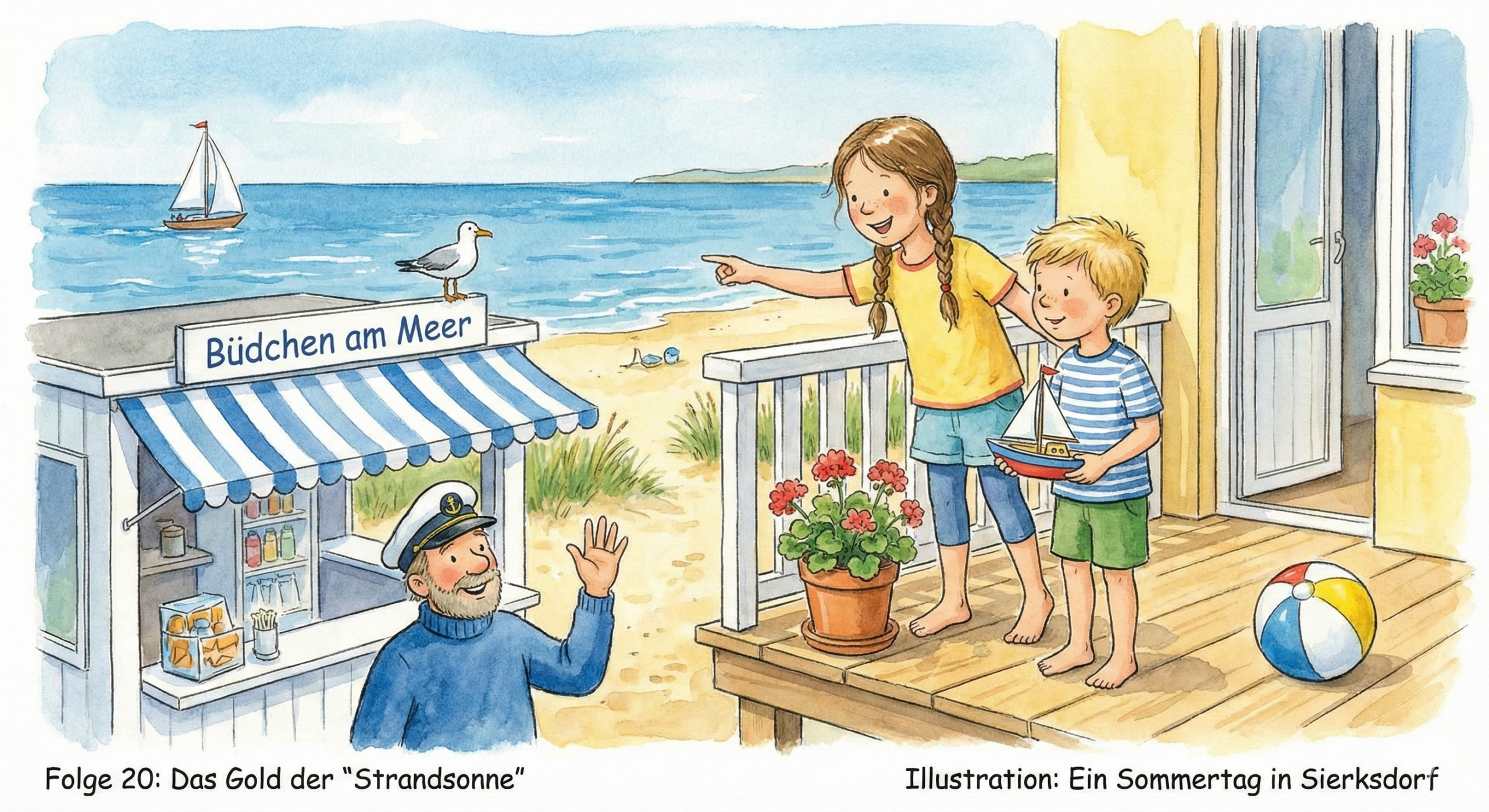 Aquarell Zeichnung: Kinder Anna und Max auf dem Balkon der Ferienwohnung Strandsonne, im Hintergrund Käpt'n Michis Büdchen am Meer im Sommerlicht
