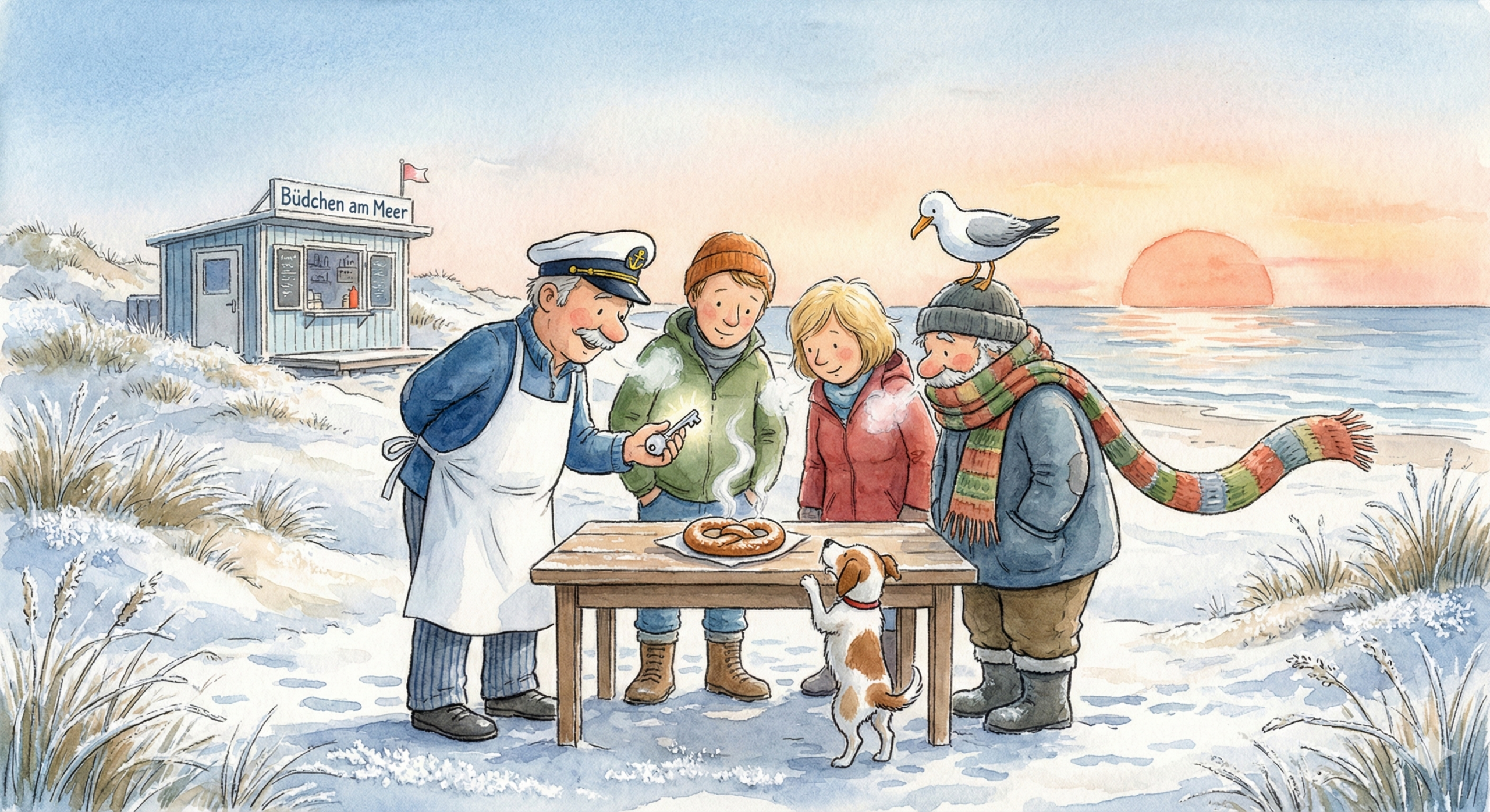 Aquarell Zeichnung Käpt'n Michi am Büdchen am Meer