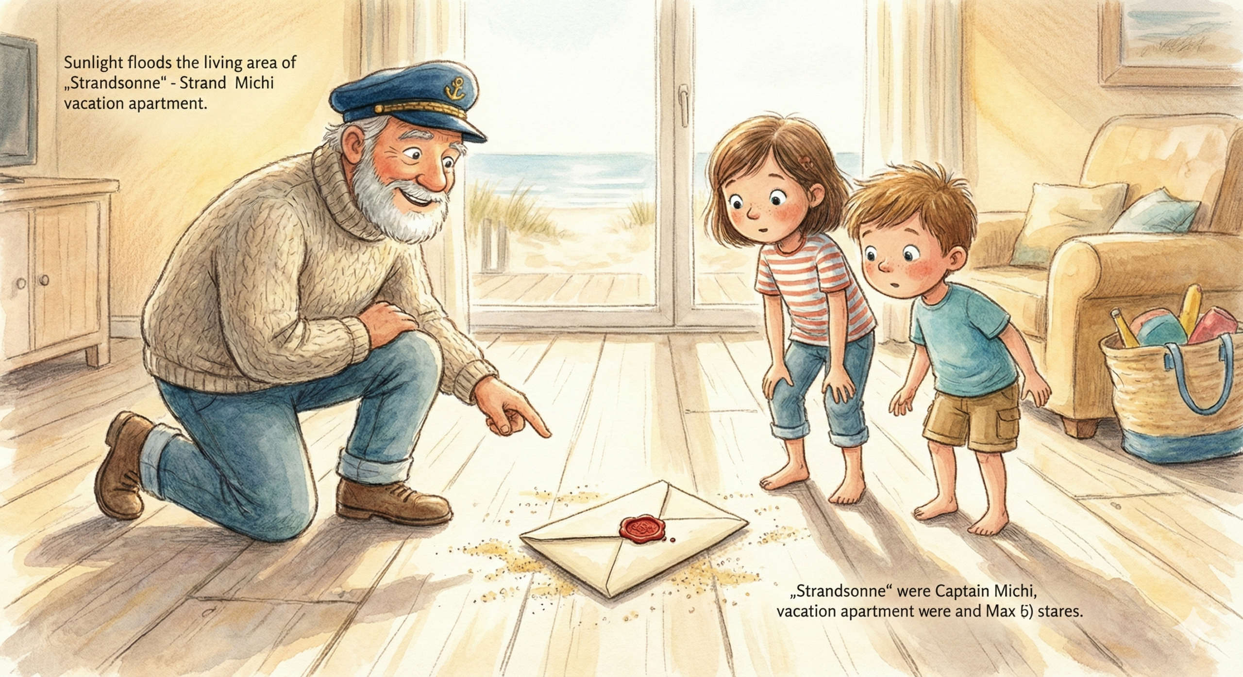 Aquarell Zeichnung: Kinder Anna und Max auf dem Balkon der Ferienwohnung Strandsonne, auf den Dielen ein Brief